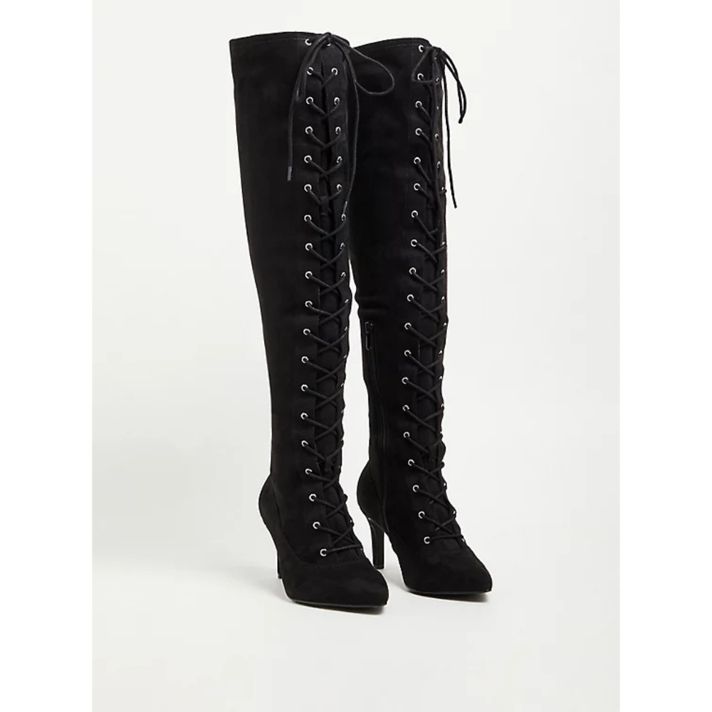 LACE UP OVER-THE-KNEE HEEL - FAUX SUEDE BLACK (WW)